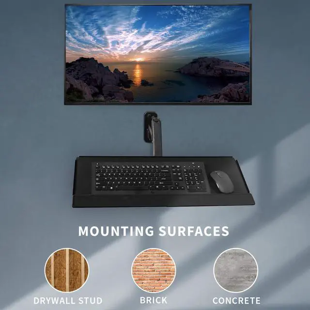 Alt view image 5 of 8 - VIVO Black Sit-Stand Single Monitor and Keyboard Tray Combo Wall Mount, Height Adjustable (MOUNT-VWKB1)