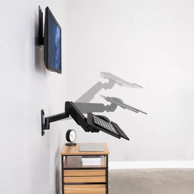 Alt view image 6 of 8 - VIVO Black Sit-Stand Single Monitor and Keyboard Tray Combo Wall Mount, Height Adjustable (MOUNT-VWKB1)