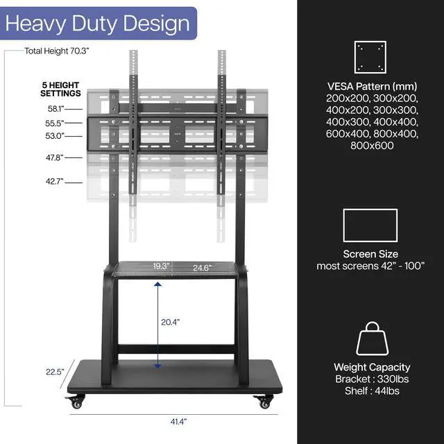 Alt view image 3 of 7 - VIVO Heavy Duty Steel Mobile TV Cart for 42" to 100" Screens w/ Metal AV Shelf