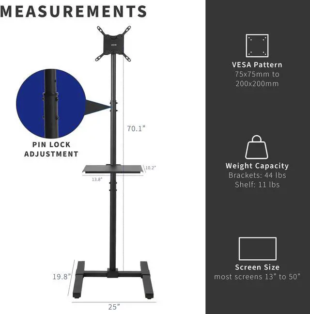 Alt view image 5 of 7 - VIVO Extra Tall TV Floor Stand for 13" to 50" Screens, Height Adjustable Mount with Shelf