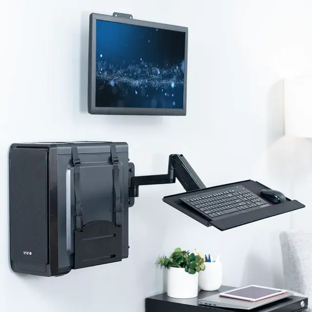 Alt view image 2 of 7 - VIVO Sit-Stand Single Monitor Mount, Keyboard Tray, and PC Wall Mount Kit