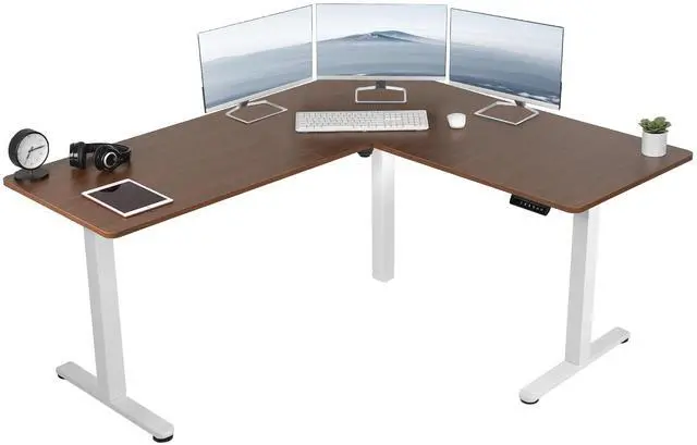 Main image of VIVO Electric 63" x 55" Corner Stand Up Desk, L-Shaped Workstation with Dark Walnut Table Top, White Frame (DESK-E3CTWD)