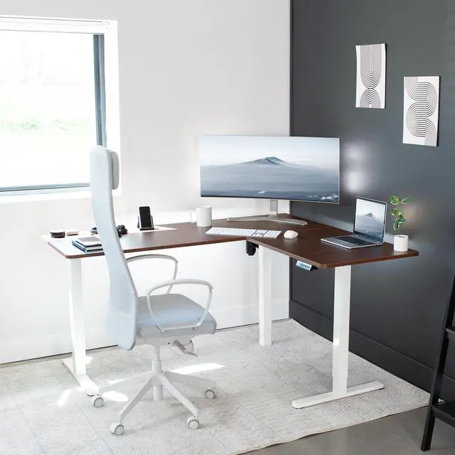 Alt view image 7 of 7 - VIVO Electric 63" x 55" Corner Stand Up Desk, L-Shaped Workstation with Dark Walnut Table Top, White Frame (DESK-E3CTWD)