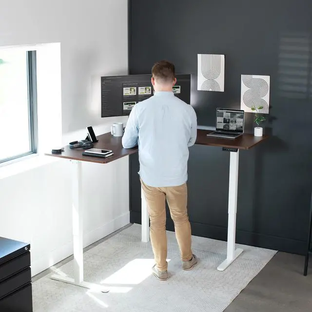 Alt view image 2 of 7 - VIVO Electric 63" x 55" Corner Stand Up Desk, L-Shaped Workstation with Dark Walnut Table Top, White Frame (DESK-E3CTWD)