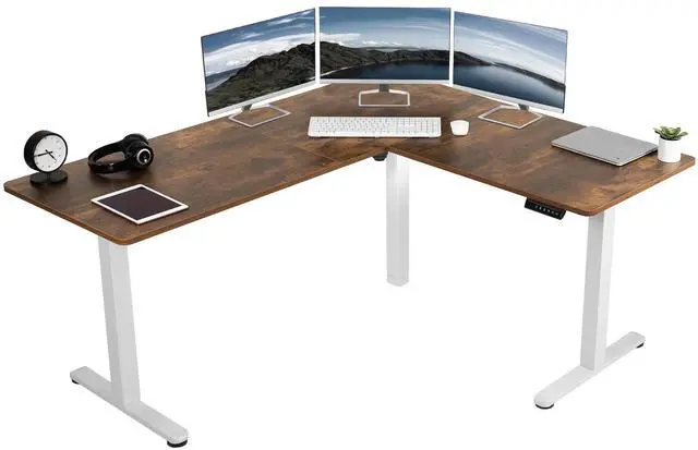 Main image of VIVO Electric 63" x 55" Corner Stand Up Desk Workstation, Rustic Vintage Brown Table Top, White Frame, Height Adjustable (DESK-E3CTWN)