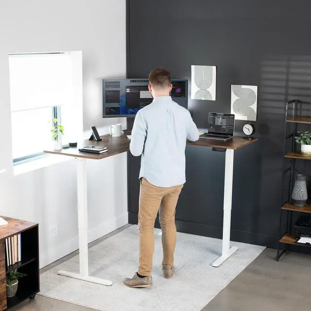 Alt view image 2 of 7 - VIVO Electric 63" x 55" Corner Stand Up Desk Workstation, Rustic Vintage Brown Table Top, White Frame, Height Adjustable (DESK-E3CTWN)