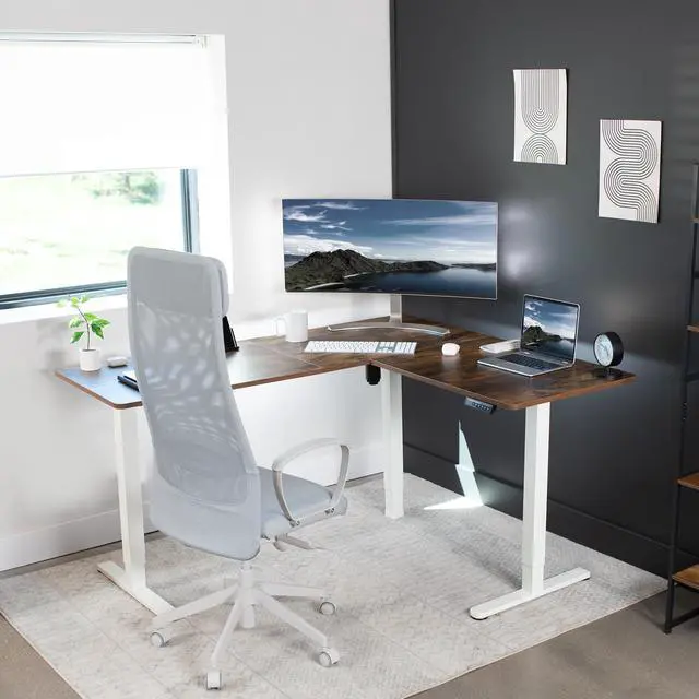 Alt view image 7 of 7 - VIVO Electric 63" x 55" Corner Stand Up Desk Workstation, Rustic Vintage Brown Table Top, White Frame, Height Adjustable (DESK-E3CTWN)