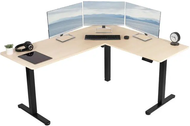 Main image of VIVO Electric 63" x 55" Corner Standing Desk, Light Wood Table Top, Black Frame