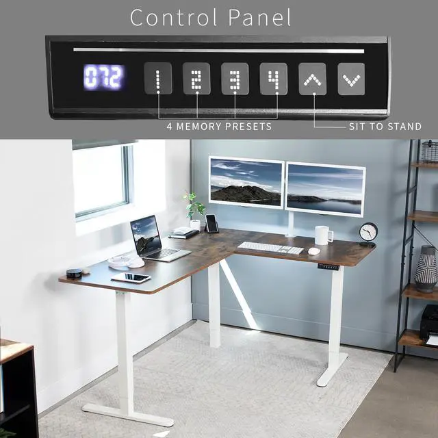 Alt view image 5 of 7 - VIVO Electric 63" x 55" Corner Stand Up Desk Workstation, Rustic Vintage Brown Table Top, White Frame, Height Adjustable (DESK-E3CTWN)