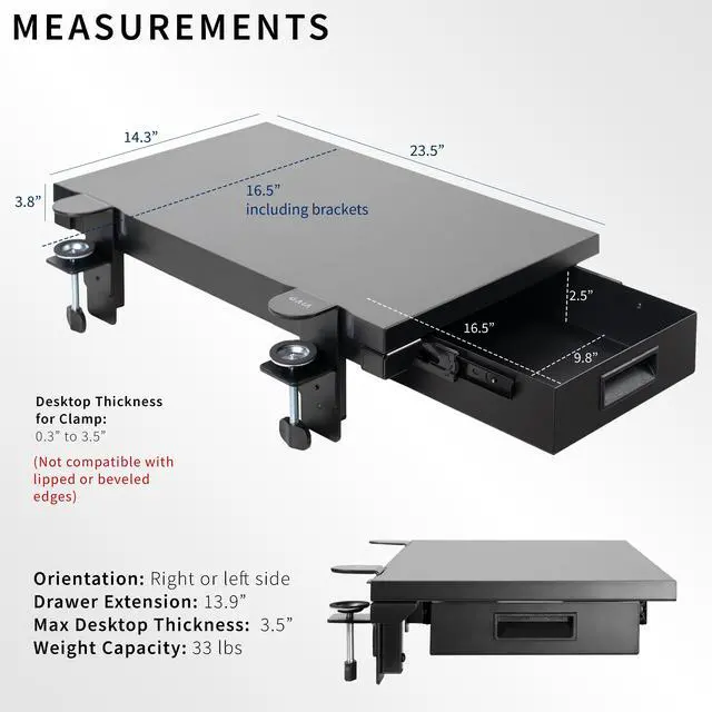 Alt view image 3 of 7 - VIVO Premium Clamp-on 24" x 14" (17" Including Clamps) Desk Extension with Storage Drawer, Black, DESK-EXT24D