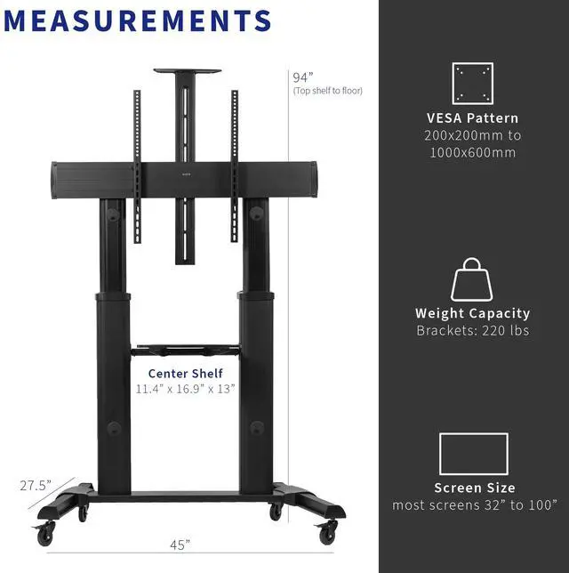 Alt view image 3 of 7 - Black Ultra Heavy Duty Mobile Stand TV Cart Mount, Fits 32" to 100" Flat Screens
