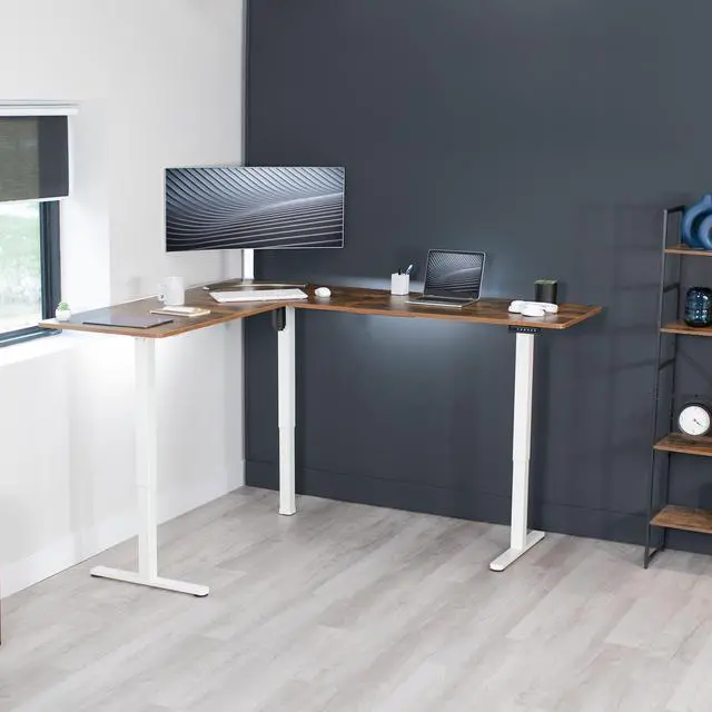 Alt view image 2 of 7 - VIVO Vintage Brown / White Electric 75" x 63" Corner Standing Desk, L-Shaped