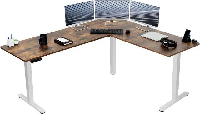 Main image of VIVO Vintage Brown / White Electric 75" x 63" Corner Standing Desk, L-Shaped
