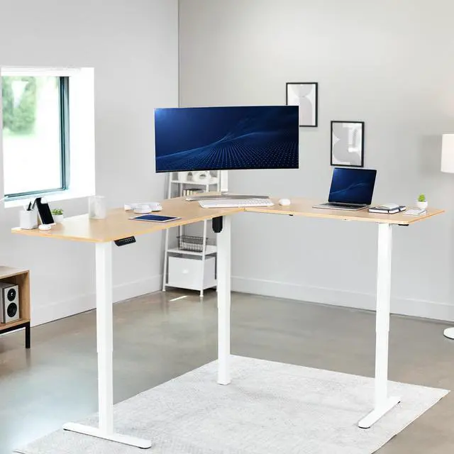 Alt view image 2 of 7 - VIVO Bamboo / White Electric 75" x 63" Corner Desk Workstation