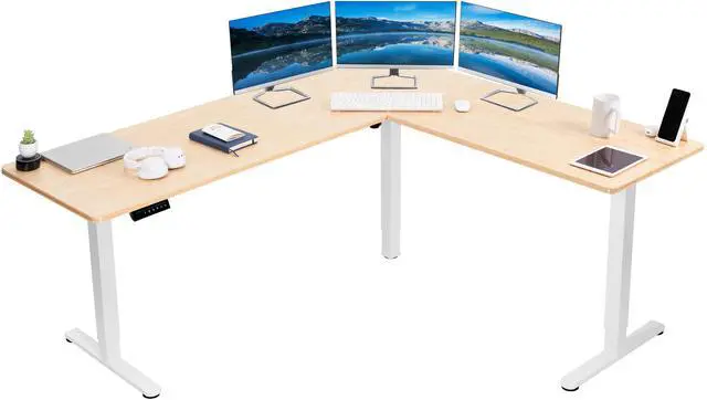 Main image of VIVO Bamboo / White Electric 75" x 63" Corner Desk Workstation