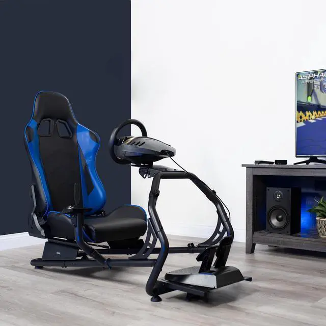Alt view image 2 of 7 - VIVO Black + Blue Racing Simulator Cockpit with Wheel Stand and Reclining Seat (Chair and Frame Only) (STAND-RACE1BL)