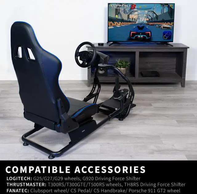 Alt view image 5 of 7 - VIVO Black + Blue Racing Simulator Cockpit with Wheel Stand and Reclining Seat (Chair and Frame Only) (STAND-RACE1BL)