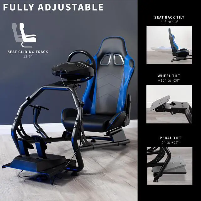 Alt view image 3 of 7 - VIVO Black + Blue Racing Simulator Cockpit with Wheel Stand and Reclining Seat (Chair and Frame Only) (STAND-RACE1BL)
