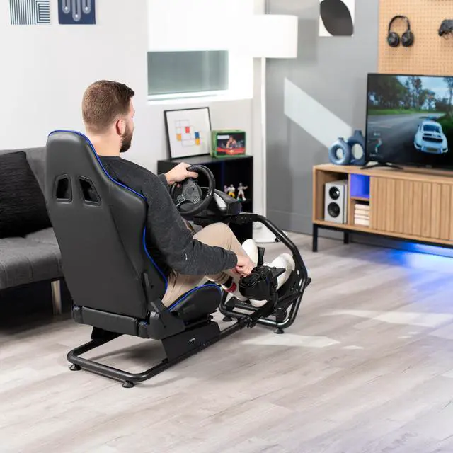 Alt view image 4 of 7 - VIVO Black + Blue Racing Simulator Cockpit with Wheel Stand and Reclining Seat (Chair and Frame Only) (STAND-RACE1BL)