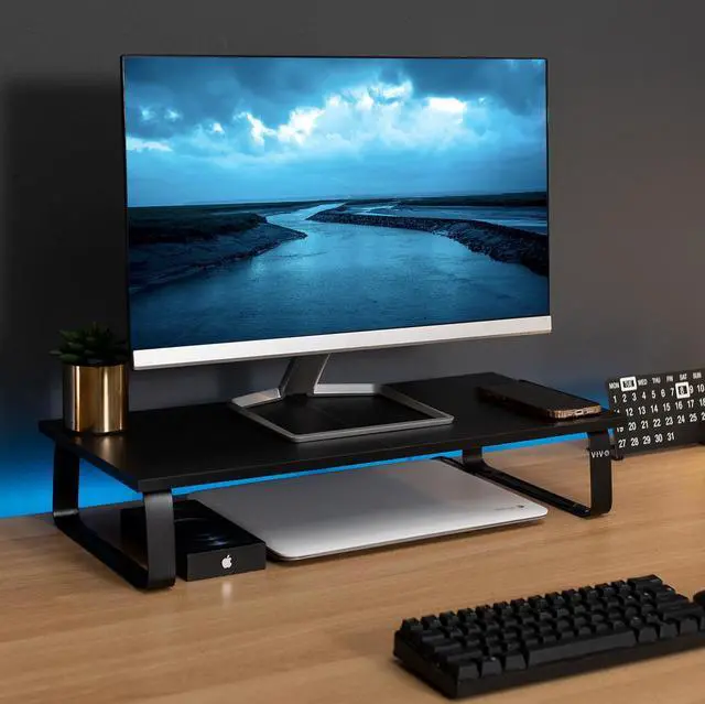 Alt view image 4 of 8 - VIVO Black Wood 24" Wide Desktop Stand Ergonomic Monitor, Keyboard, TV Riser and Desk Tabletop Organizer (STAND-V000D)