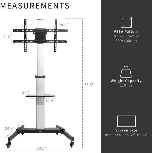 Alt view image 4 of 7 - VIVO Ultra Heavy Duty TV Cart for 32" to 83" Flat Screen | Mobile Stand with Dual Shelves and 2" Wheels (STAND-TV09)