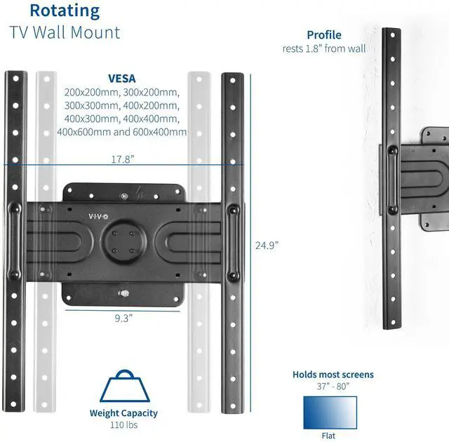 Alt view image 2 of 7 - VIVO Heavy Duty Rotating 37" to 80" TV Wall Mount for Flat Panel Screens | Portrait to Landscape Bracket (MOUNT-VW080P)