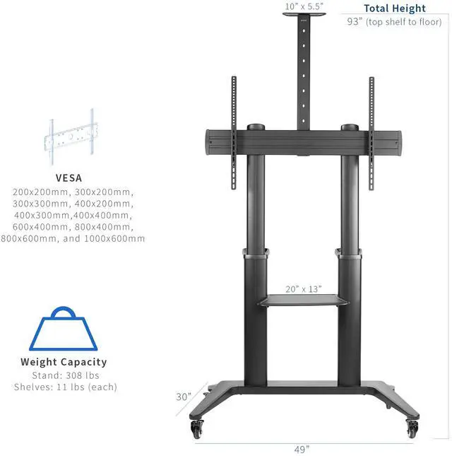Alt view image 6 of 7 - VIVO Aluminum Ultra Heavy Duty 32" to 120" TV Cart Stand, Mobile Large Screen TV Mount, Max VESA 1000x600 (STAND-TV120B)