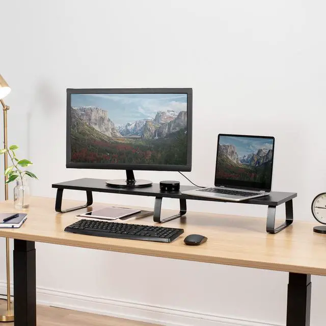 Alt view image 2 of 8 - VIVO Black Wood 39" Wide Desktop Stand Ergonomic TV Monitor Riser Desk Organizer