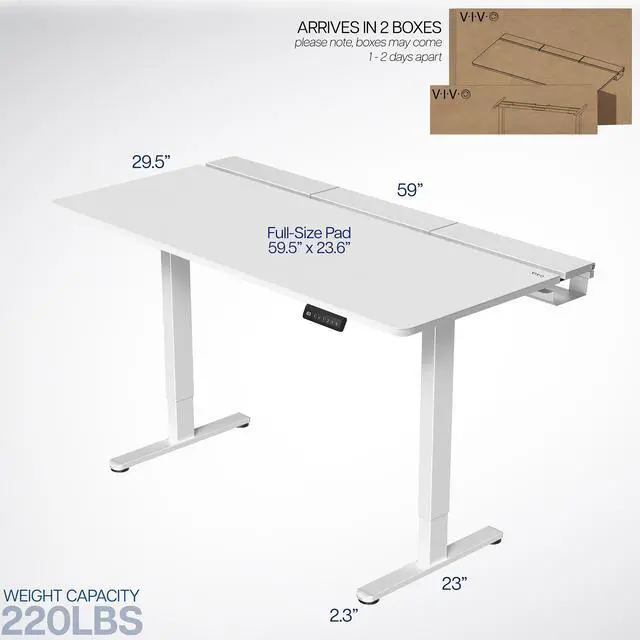 Alt view image 3 of 7 - VIVO Electric 60" x 30" Desk, Full Pad, White Hidden Cable Tabletop, White Frame