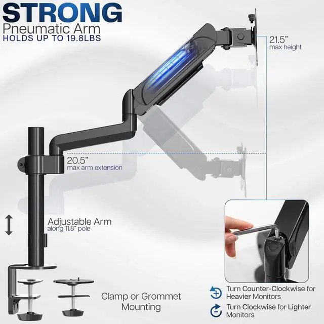 Alt view image 3 of 7 - VIVO Black Single Monitor Pneumatic Spring Arm Sit-Stand Desk Mount for One Computer Screen up to 32" (STAND-V001K)