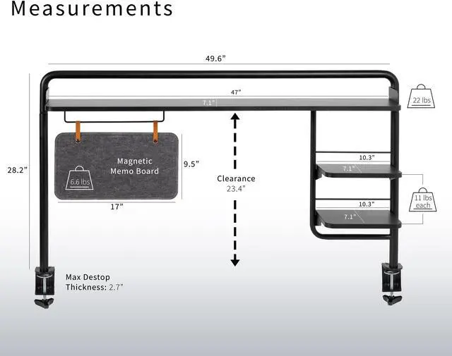 Alt view image 3 of 7 - VIVO Clamp-on Desktop Shelving System, Raised Accessory Storage Shelves and Memo Board Desk Organizer, DESK-SHELF55A