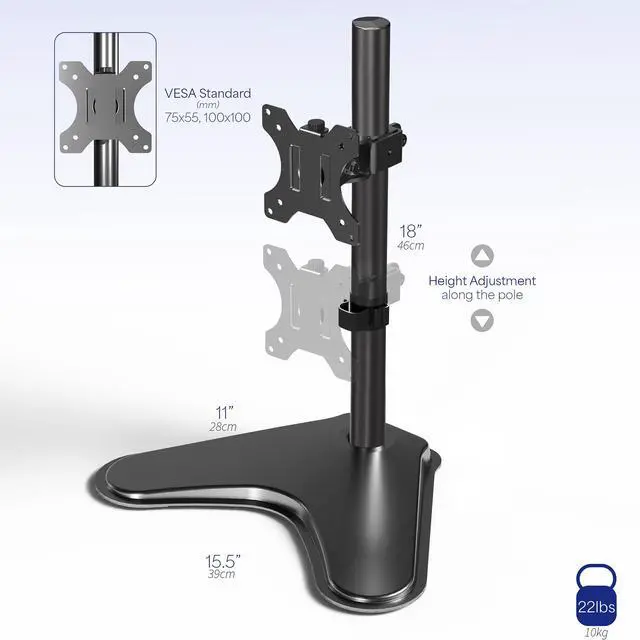 Alt view image 3 of 7 - VIVO Black Single LCD Monitor Free-Standing Desk Stand, Adjustable Tilt, Fits 1 Screen (STAND-V001H)