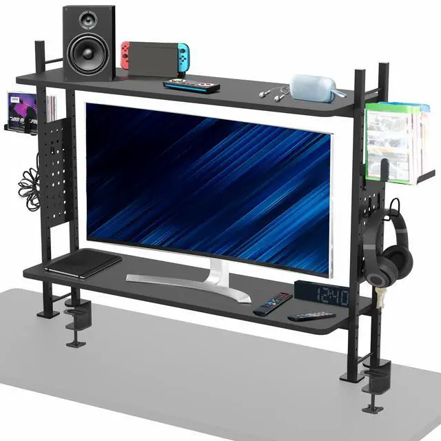 Main image of VIVO Black 40" Clamp-on 2-Tier Gaming Shelf System with Pegboard, Desktop Organizer, Black, DESK-SHELF40G