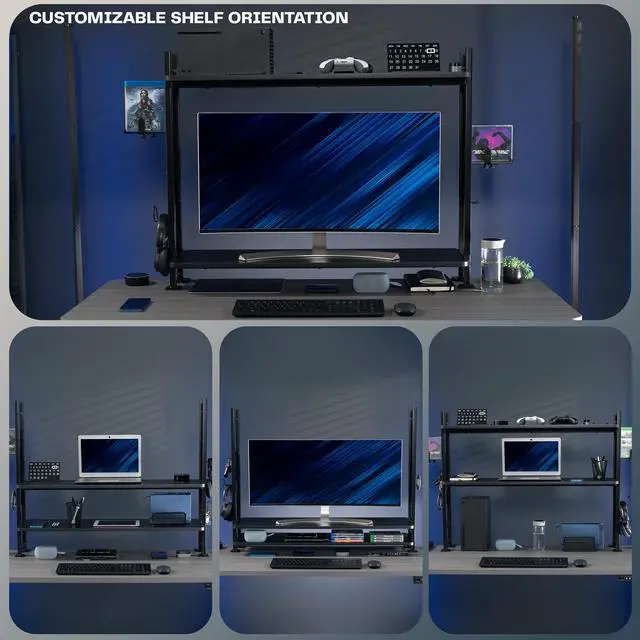 Alt view image 4 of 7 - VIVO Black 40" Clamp-on 2-Tier Gaming Shelf System with Pegboard, Desktop Organizer, Black, DESK-SHELF40G