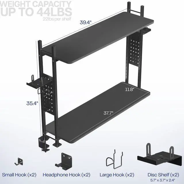 Alt view image 3 of 7 - VIVO Black 40" Clamp-on 2-Tier Gaming Shelf System with Pegboard, Desktop Organizer, Black, DESK-SHELF40G
