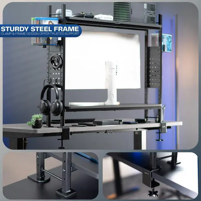 Alt view image 6 of 7 - VIVO Black 40" Clamp-on 2-Tier Gaming Shelf System with Pegboard, Desktop Organizer, Black, DESK-SHELF40G