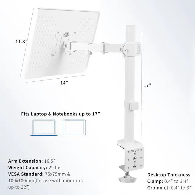 Alt view image 3 of 8 - VIVO White Single Laptop Notebook Desk Mount, Fully Adjustable Extension Clamp