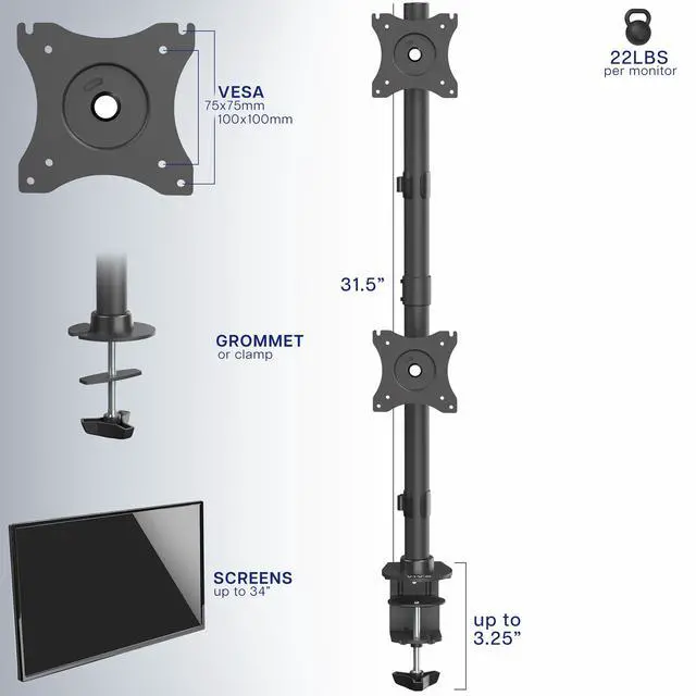 Alt view image 3 of 7 - VIVO Dual Computer Monitor Desk Mount Stand, Vertical Array for 2 Ultrawide Screens up to 34" (STAND-V002R)