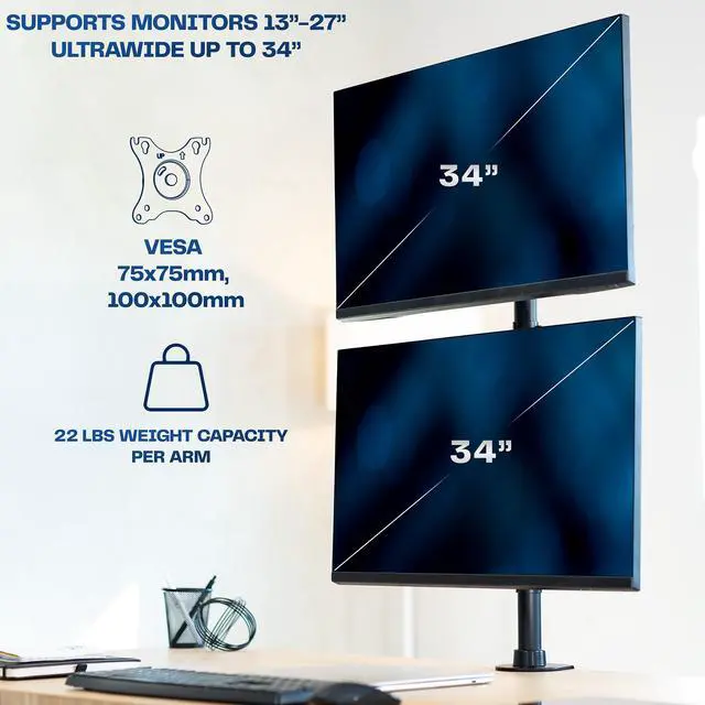 Alt view image 4 of 7 - VIVO Dual Computer Monitor Desk Mount Stand, Vertical Array for 2 Ultrawide Screens up to 34" (STAND-V002R)