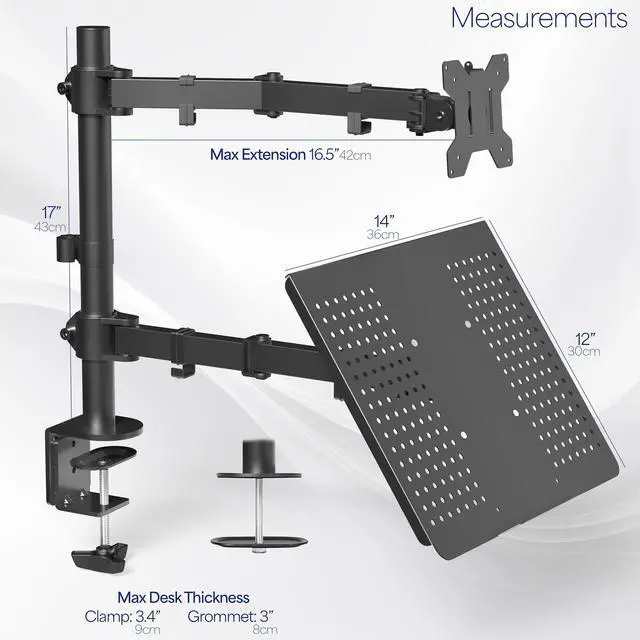Alt view image 4 of 7 - VIVO Dual Mount for 1 Laptop up to 17" & 1 LCD Monitor 13" to 32", Desktop Mount / Stand, Black, Adjustable (STAND-V002C)