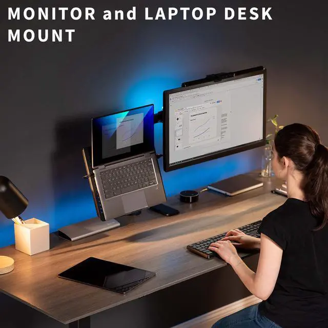 Alt view image 2 of 7 - VIVO Dual Mount for 1 Laptop up to 17" & 1 LCD Monitor 13" to 32", Desktop Mount / Stand, Black, Adjustable (STAND-V002C)
