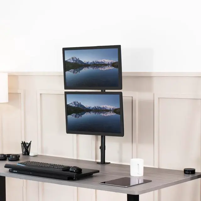 Alt view image 2 of 7 - VIVO Black Dual LCD Monitor Desk Mount Stand, Stacked Array, Holds Vertical 2 Ultrawide Screens up to 34", STAND-V002T
