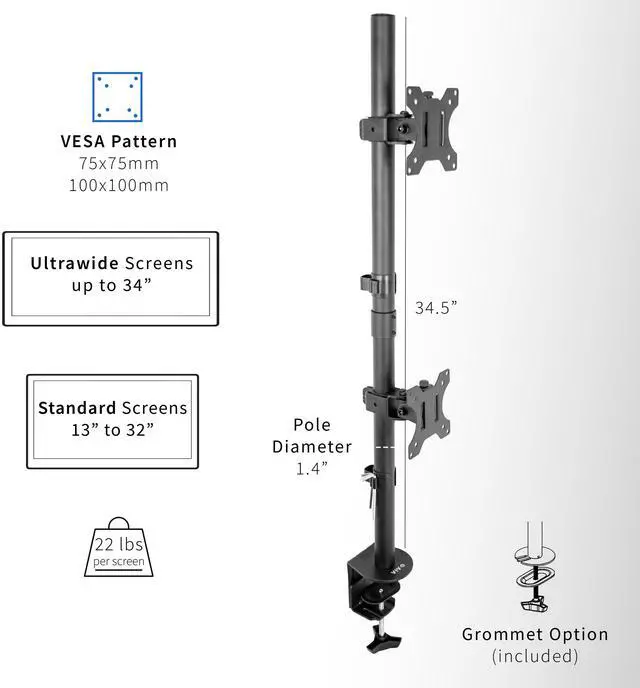 Alt view image 3 of 7 - VIVO Black Dual LCD Monitor Desk Mount Stand, Stacked Array, Holds Vertical 2 Ultrawide Screens up to 34", STAND-V002T