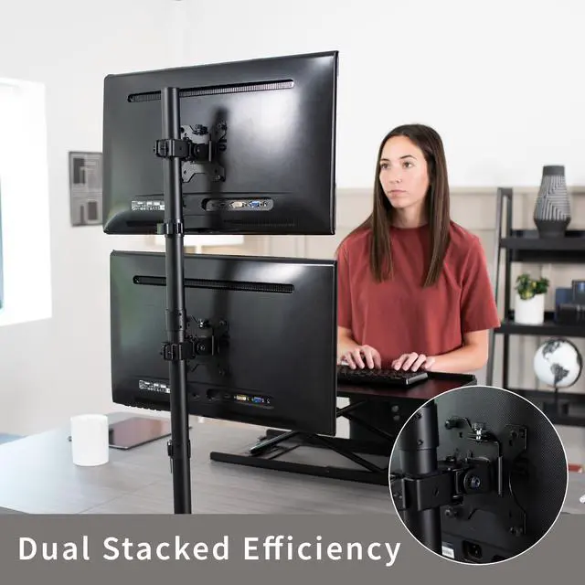 Alt view image 5 of 7 - VIVO Black Dual LCD Monitor Desk Mount Stand, Stacked Array, Holds Vertical 2 Ultrawide Screens up to 34", STAND-V002T