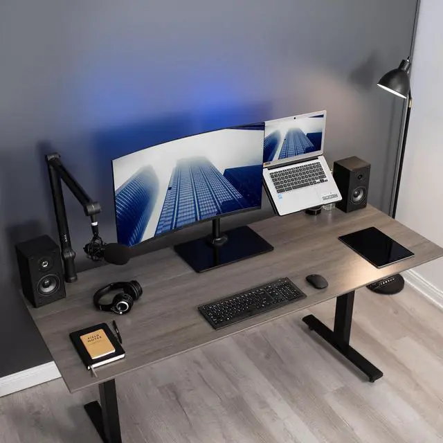 Alt view image 2 of 8 - VIVO Black Desk Stand for 1 LCD Monitor up to 32" & 1 Laptop, Freestanding Desktop Stand with Glass Base (STAND-V002FGL)