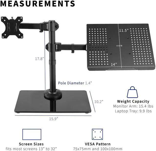 Alt view image 4 of 8 - VIVO Black Desk Stand for 1 LCD Monitor up to 32" & 1 Laptop, Freestanding Desktop Stand with Glass Base (STAND-V002FGL)