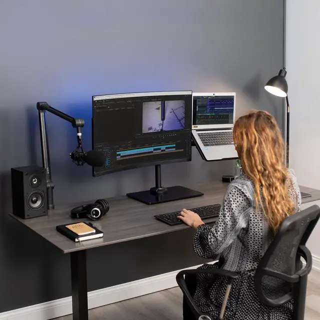 Alt view image 6 of 8 - VIVO Black Desk Stand for 1 LCD Monitor up to 32" & 1 Laptop, Freestanding Desktop Stand with Glass Base (STAND-V002FGL)