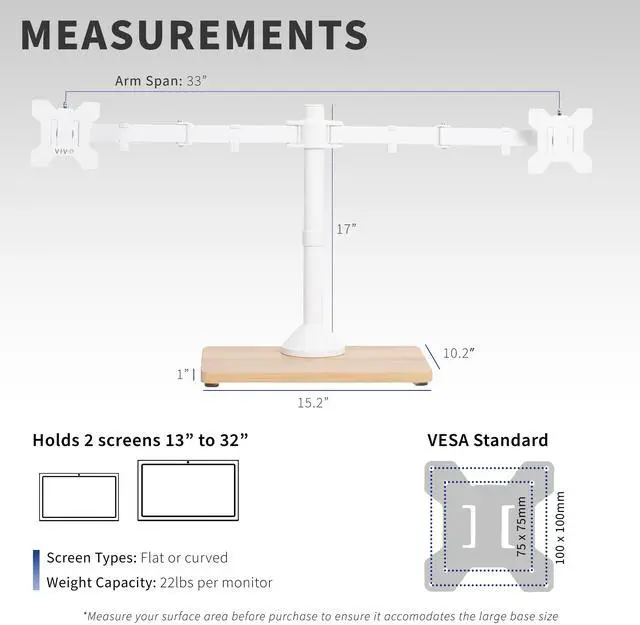 Alt view image 4 of 7 - VIVO Dual Monitor Adjustable Mount w/ Wood Base, Fits Computer Screens up to 32"