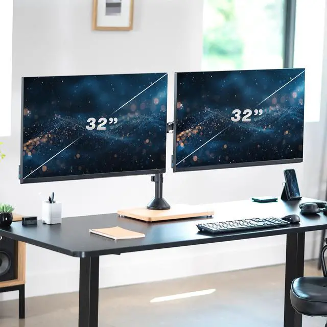 Alt view image 2 of 7 - VIVO Dual Monitor Adjustable Mount w/ Wood Base, Fits Computer Screens up to 32"