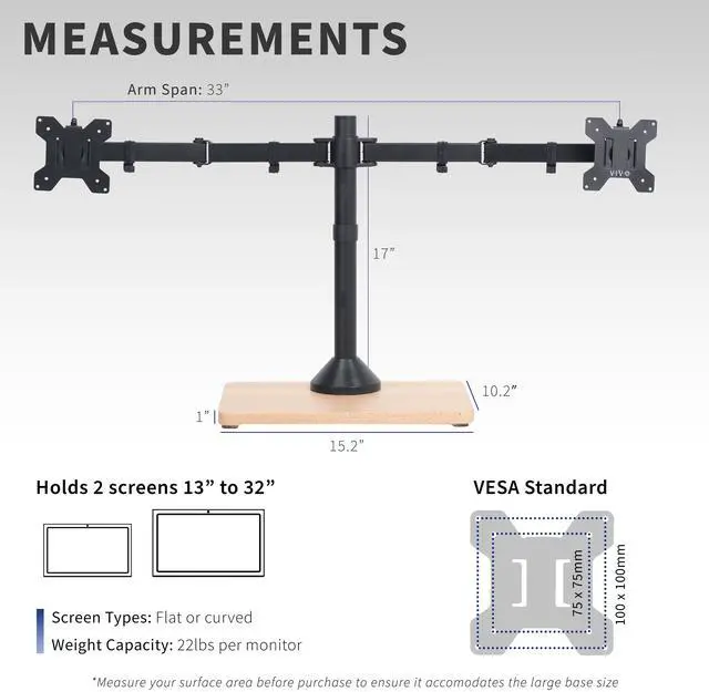 Alt view image 4 of 7 - VIVO Dual Monitor Adjustable Mount w/ Wood Base, Fits Computer Screens up to 32"